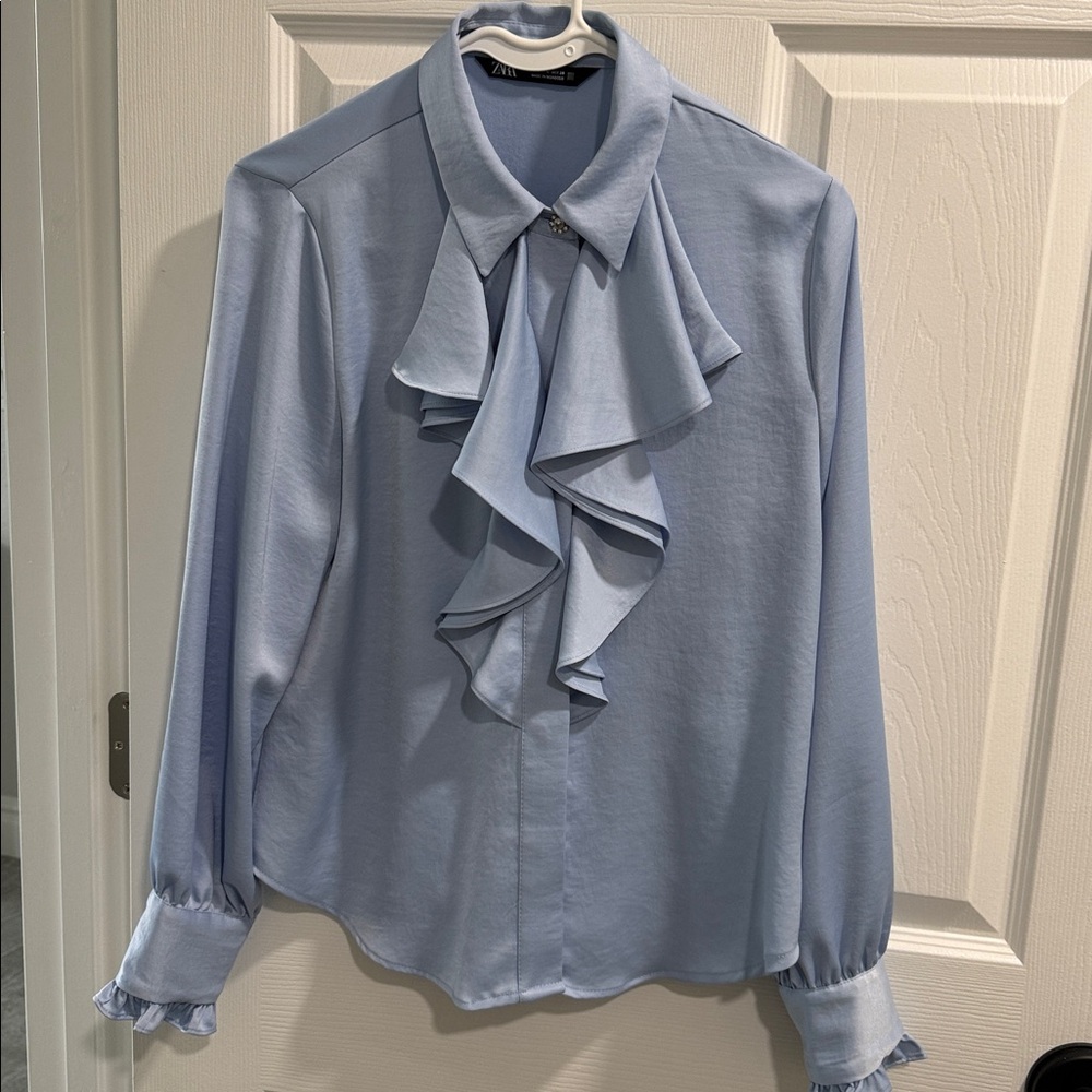 Zara Light Blue Ruffled Blouse size M